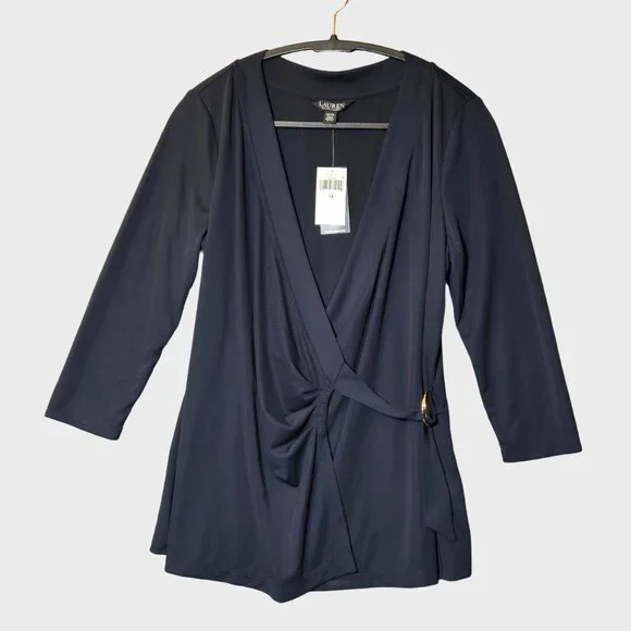 Lauren Ralph Lauren Plus Size Faux-Wrap Surplice Neck Top Navy Blue NWT - Picture 6 of 10